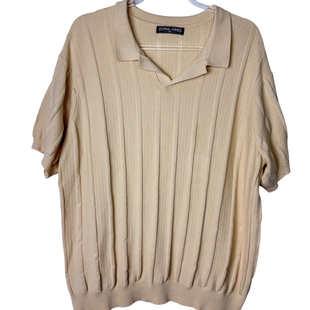 PJ Paul Jones Knit Polo Mens 2XL Beige Ribbed Short Sleeve V-Neck Sweater Shirt